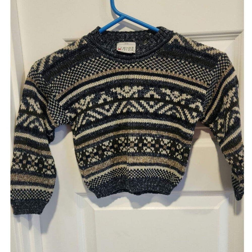 Vtg 80s Fair Isle Nordic Sweater Black Gray White‎ Geometric  Acrylic USA made